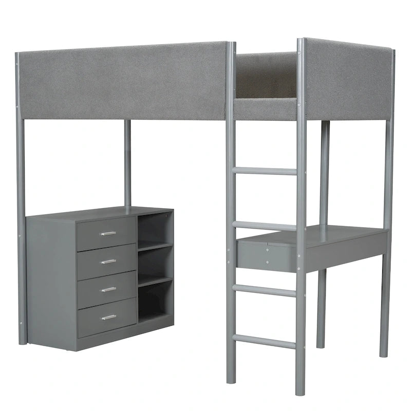 Lit mezzanine en bois avec revêtement en polaire teddy, taille une place