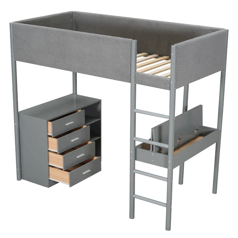 Lit mezzanine en bois avec revêtement en polaire teddy, taille une place