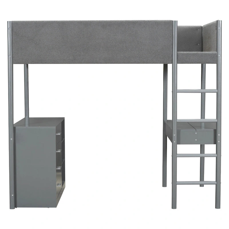 Lit mezzanine en bois avec revêtement en polaire teddy, taille une place