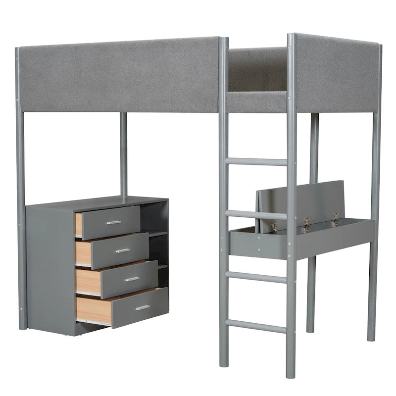 Lit mezzanine en bois avec revêtement en polaire teddy, taille une place