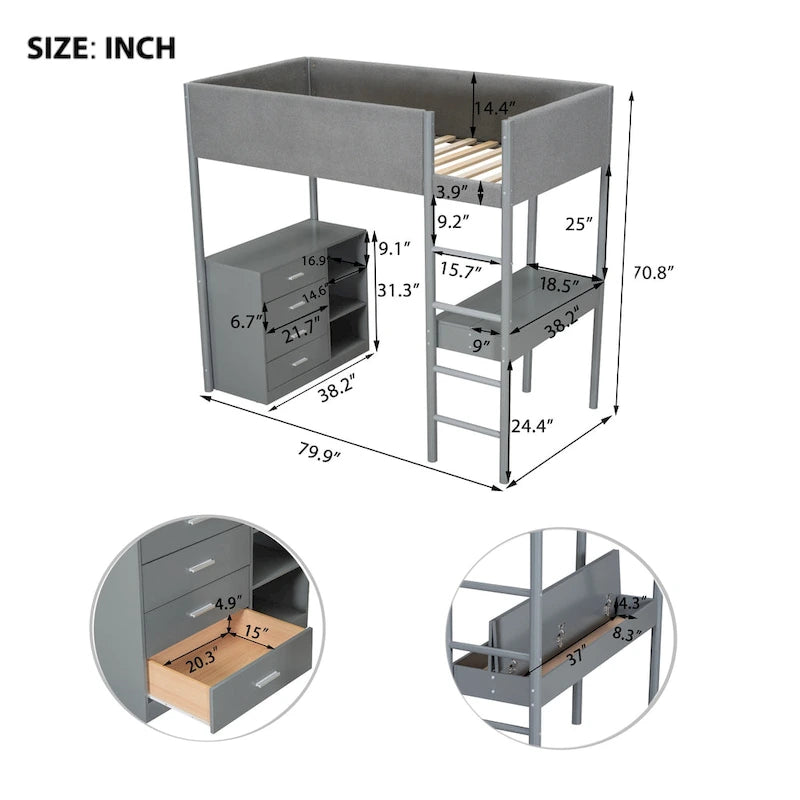 Lit mezzanine en bois avec revêtement en polaire teddy, taille une place