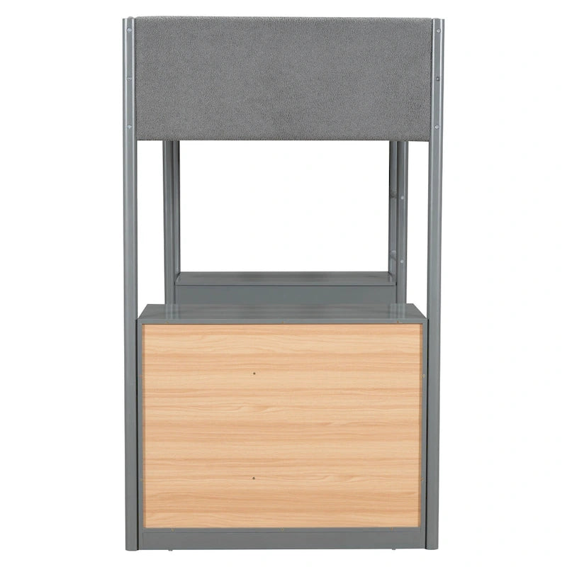 Lit mezzanine en bois avec revêtement en polaire teddy, taille une place