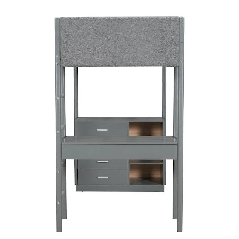 Lit mezzanine en bois avec revêtement en polaire teddy, taille une place