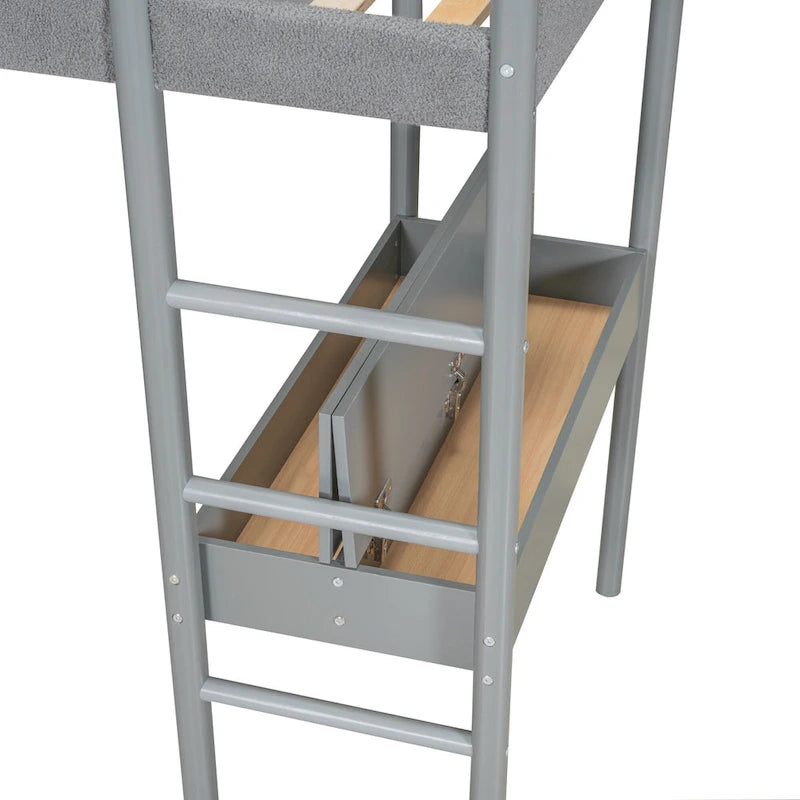 Lit mezzanine en bois avec revêtement en polaire teddy, taille une place