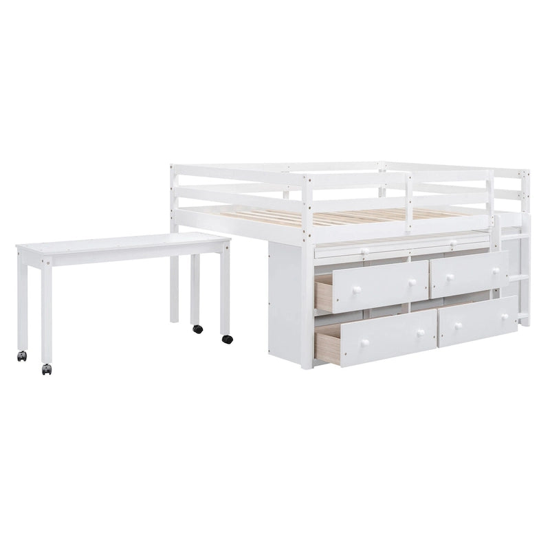 Lit mezzanine deux places avec bureau escamotable et 4 tiroirs, lit mezzanine en bois avec bureau latéral mobile et étagères