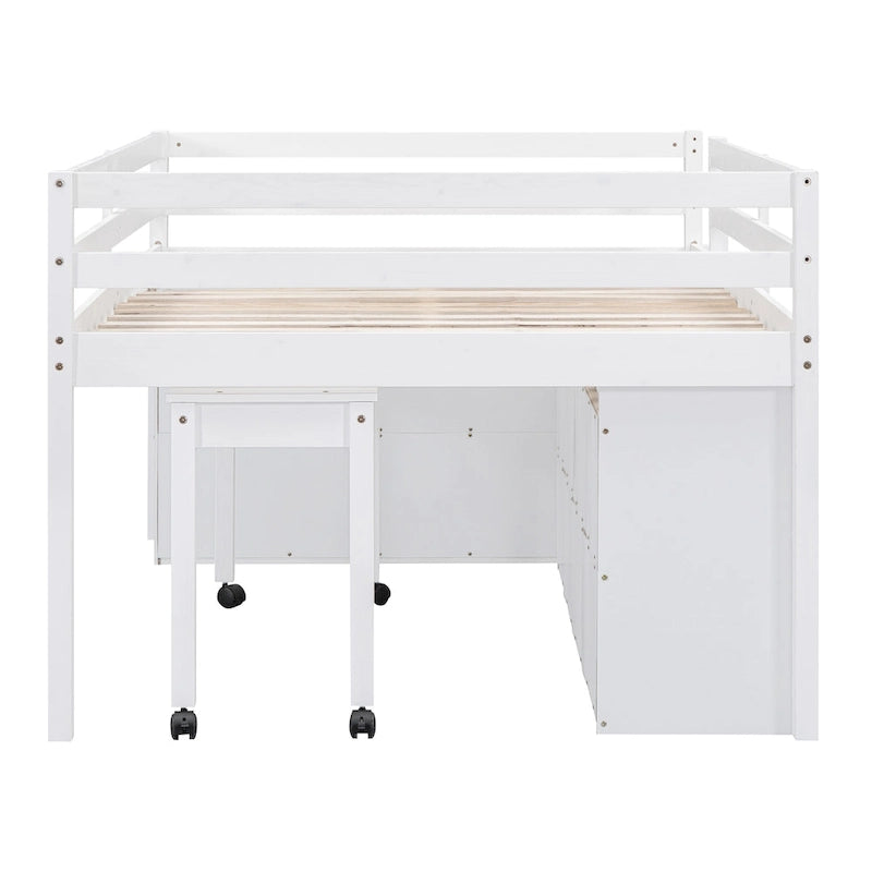 Lit mezzanine deux places avec bureau escamotable et 4 tiroirs, lit mezzanine en bois avec bureau latéral mobile et étagères