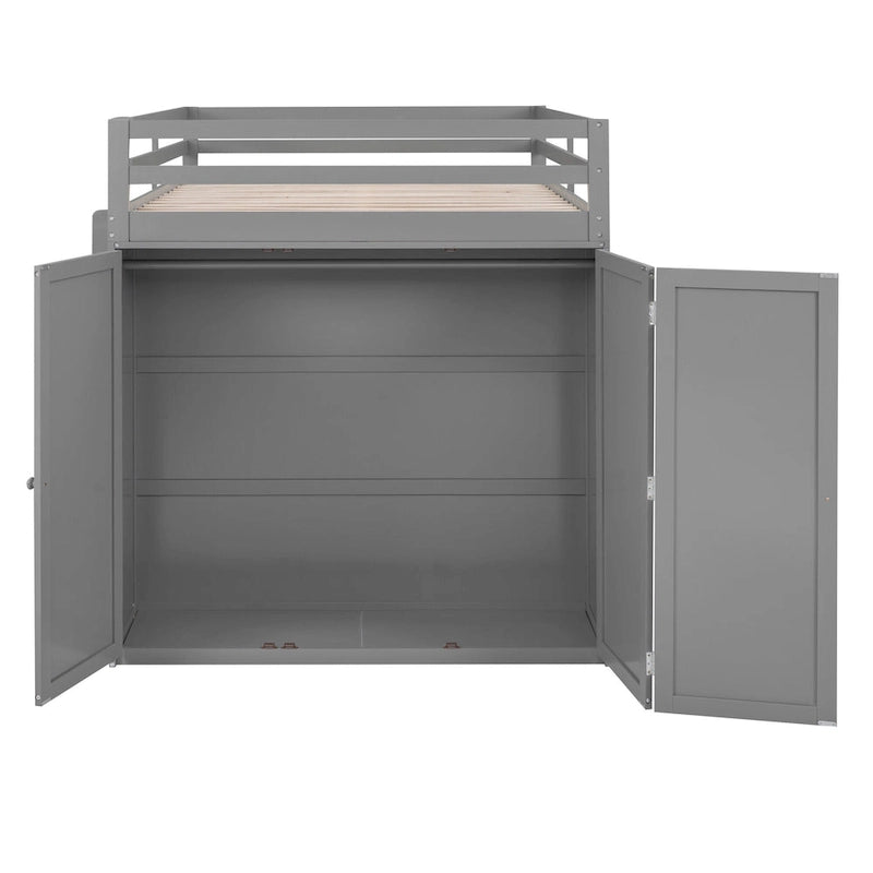 Lit mezzanine pleine grandeur avec tiroirs, bureau et armoire