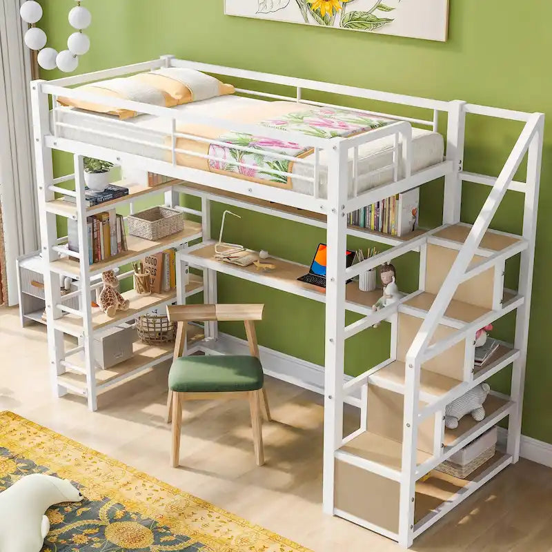 Lit mezzanine en métal pour lit une place avec escalier, bureau intégré et étagères de rangement