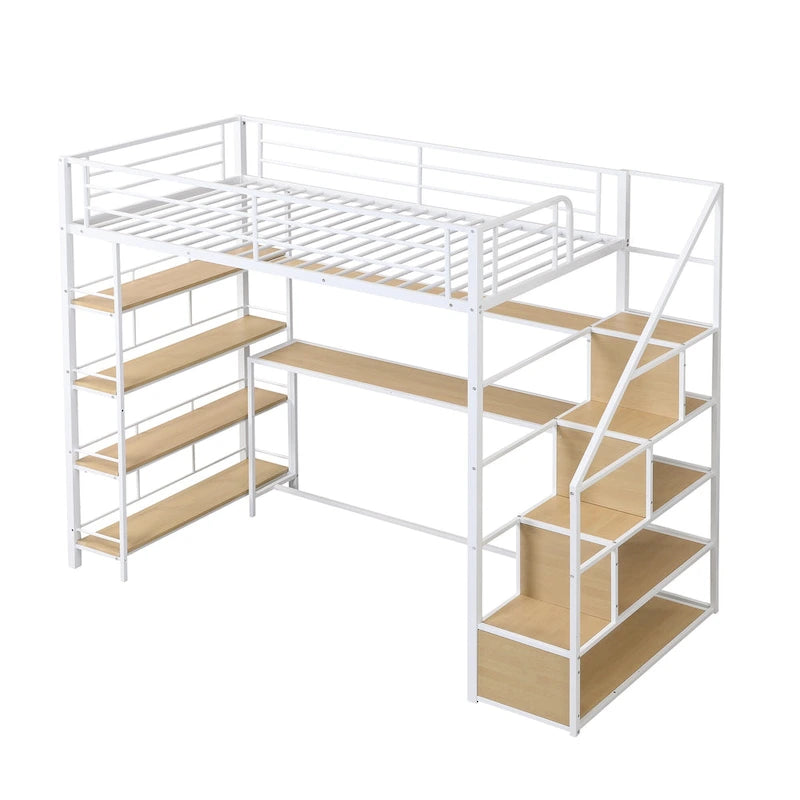Lit mezzanine en métal pour lit une place avec escalier, bureau intégré et étagères de rangement