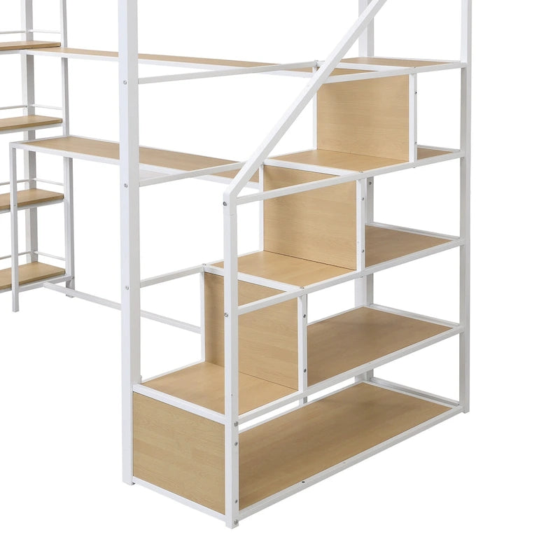 Lit mezzanine en métal pour lit une place avec escalier, bureau intégré et étagères de rangement