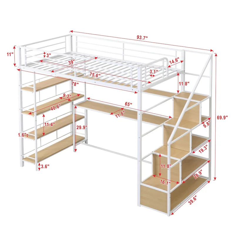 Lit mezzanine en métal pour lit une place avec escalier, bureau intégré et étagères de rangement