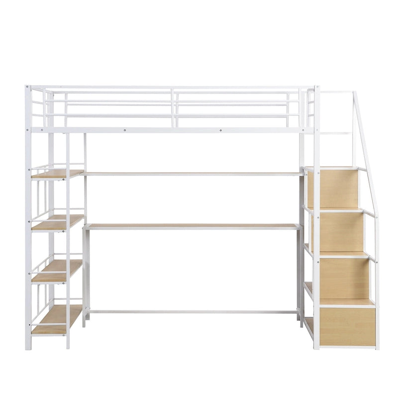 Lit mezzanine en métal pour lit une place avec escalier, bureau intégré et étagères de rangement