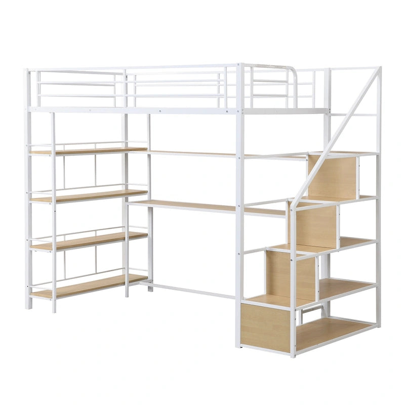 Lit mezzanine en métal pour lit une place avec escalier, bureau intégré et étagères de rangement