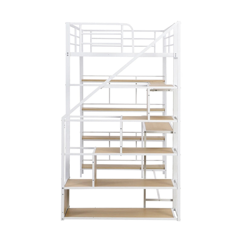 Lit mezzanine en métal pour lit une place avec escalier, bureau intégré et étagères de rangement