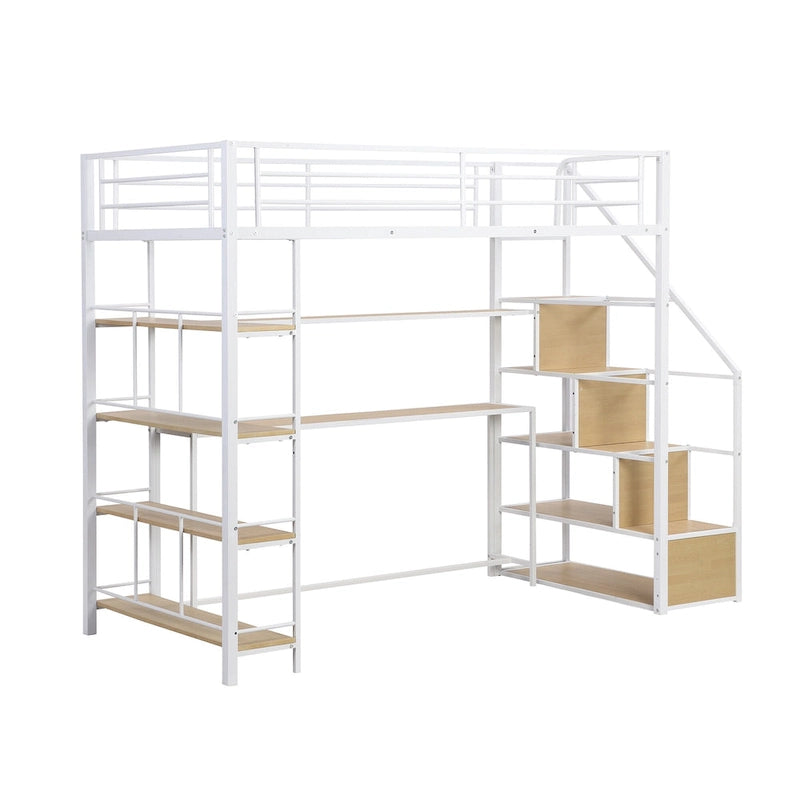 Lit mezzanine en métal pour lit une place avec escalier, bureau intégré et étagères de rangement