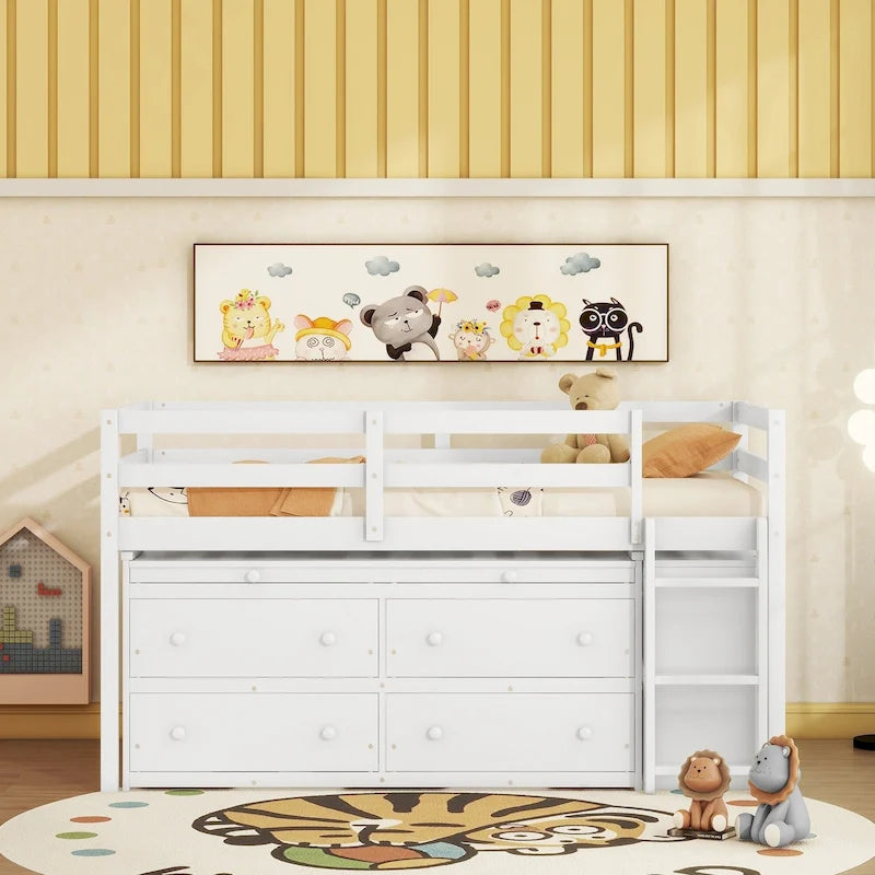 Lit mezzanine pour une personne avec bureau rétractable et 4 tiroirs, lit mezzanine en bois avec bureau latéral mobile et étagères, blanc