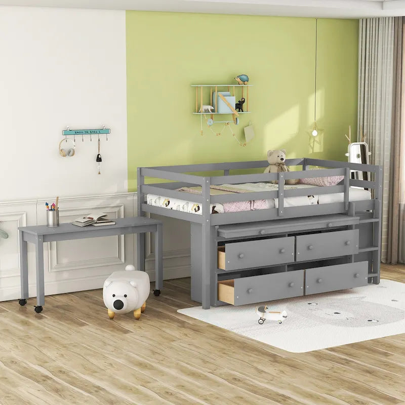 Lit mezzanine pour une personne avec bureau rétractable et 4 tiroirs, lit mezzanine en bois avec bureau latéral mobile et étagères, blanc