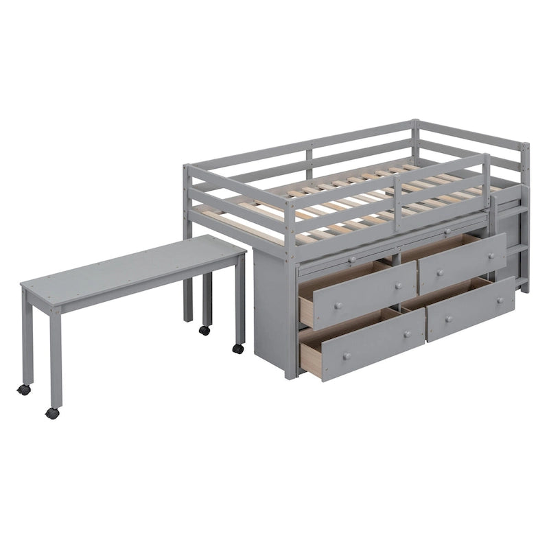 Lit mezzanine pour une personne avec bureau rétractable et 4 tiroirs, lit mezzanine en bois avec bureau latéral mobile et étagères, blanc