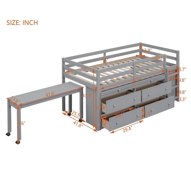 Lit mezzanine pour une personne avec bureau rétractable et 4 tiroirs, lit mezzanine en bois avec bureau latéral mobile et étagères, blanc
