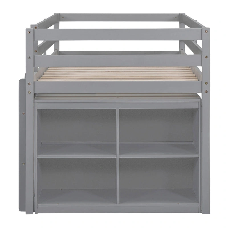Lit mezzanine pour une personne avec bureau rétractable et 4 tiroirs, lit mezzanine en bois avec bureau latéral mobile et étagères, blanc