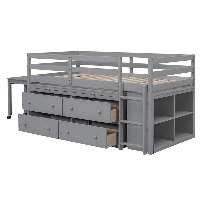 Lit mezzanine pour une personne avec bureau rétractable et 4 tiroirs, lit mezzanine en bois avec bureau latéral mobile et étagères, blanc