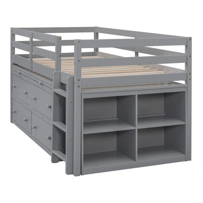 Lit mezzanine pour une personne avec bureau rétractable et 4 tiroirs, lit mezzanine en bois avec bureau latéral mobile et étagères, blanc