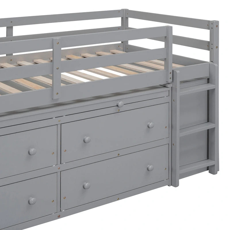 Lit mezzanine pour une personne avec bureau rétractable et 4 tiroirs, lit mezzanine en bois avec bureau latéral mobile et étagères, blanc