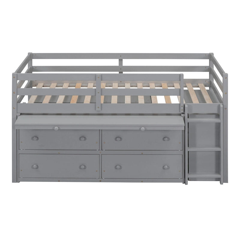Lit mezzanine pour une personne avec bureau rétractable et 4 tiroirs, lit mezzanine en bois avec bureau latéral mobile et étagères, blanc