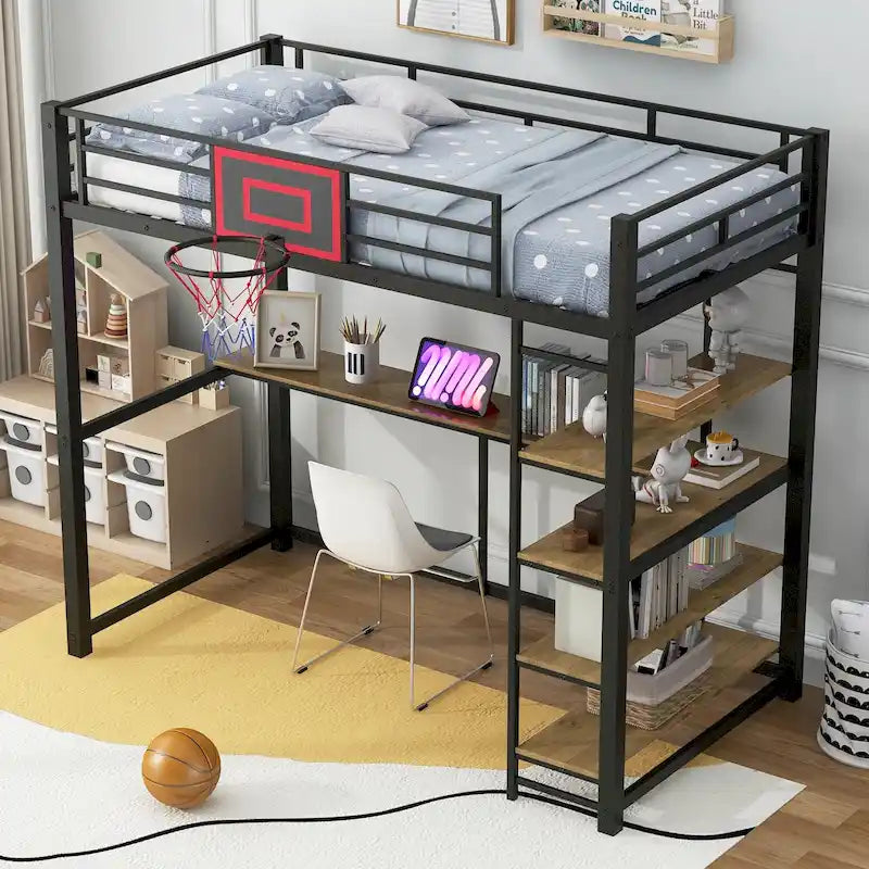 Lit mezzanine en métal pour lit simple avec étagères, bureau et panier de basket