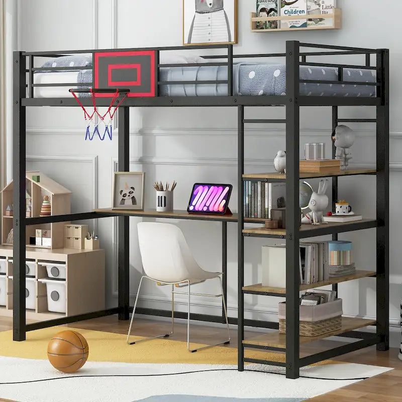 Lit mezzanine en métal pour lit simple avec étagères, bureau et panier de basket