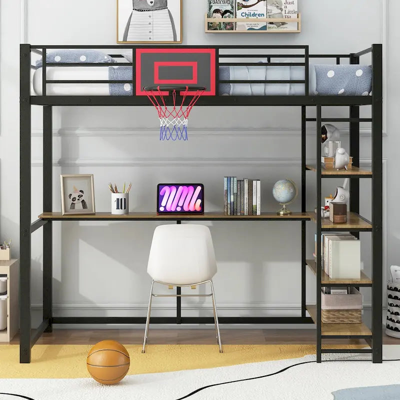 Lit mezzanine en métal pour lit simple avec étagères, bureau et panier de basket