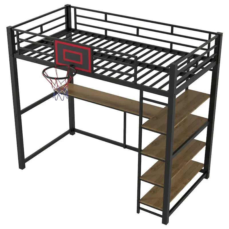 Lit mezzanine en métal pour lit simple avec étagères, bureau et panier de basket