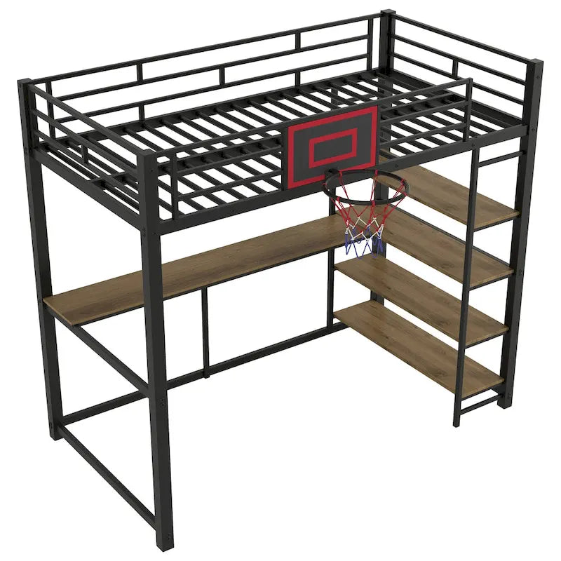 Lit mezzanine en métal pour lit simple avec étagères, bureau et panier de basket