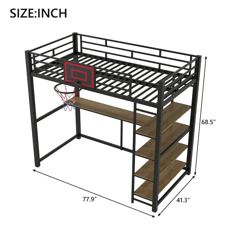 Lit mezzanine en métal pour lit simple avec étagères, bureau et panier de basket