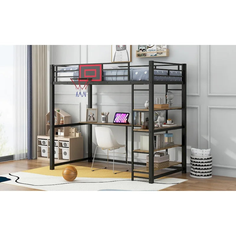 Lit mezzanine en métal pour lit simple avec étagères, bureau et panier de basket