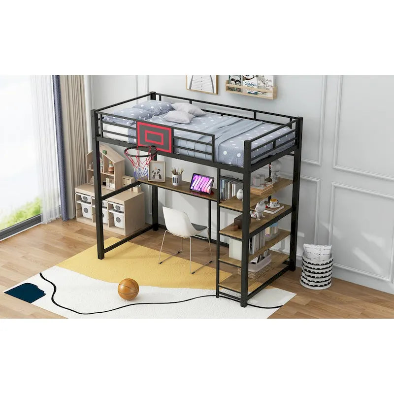 Lit mezzanine en métal pour lit simple avec étagères, bureau et panier de basket