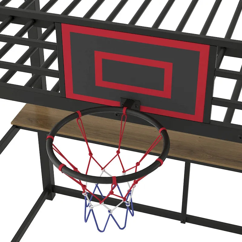 Lit mezzanine en métal pour lit simple avec étagères, bureau et panier de basket
