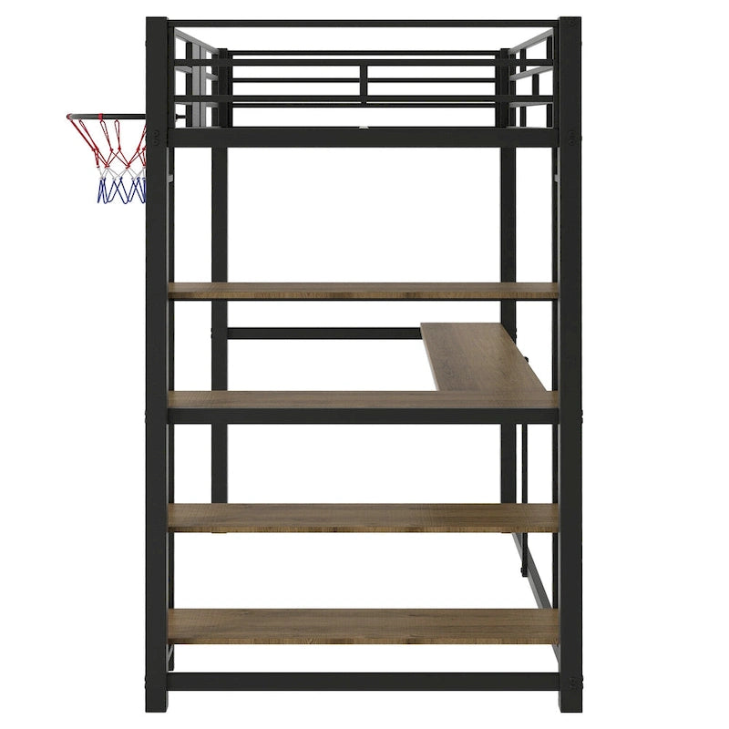 Lit mezzanine en métal pour lit simple avec étagères, bureau et panier de basket
