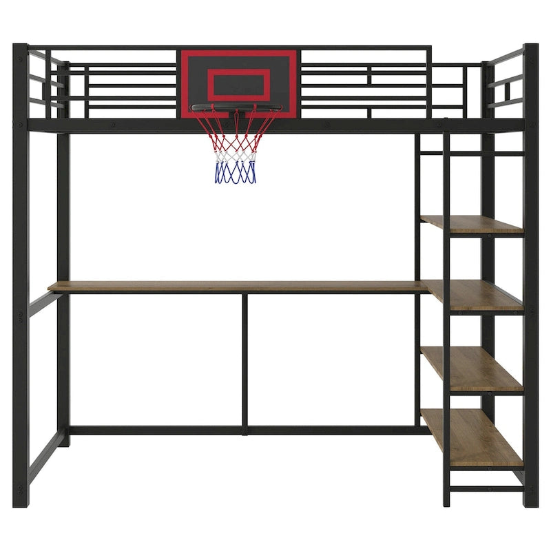 Lit mezzanine en métal pour lit simple avec étagères, bureau et panier de basket