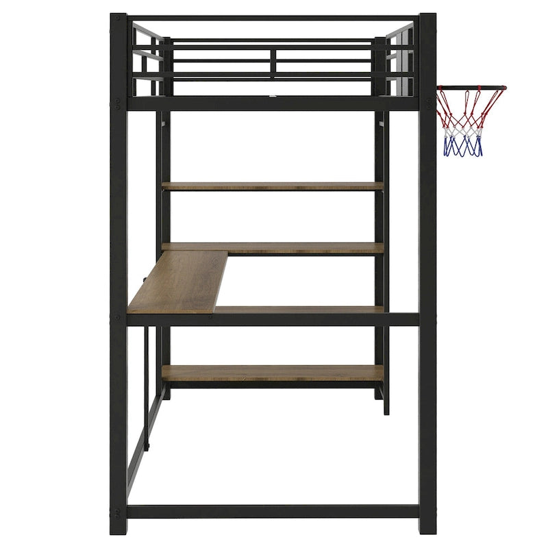 Lit mezzanine en métal pour lit simple avec étagères, bureau et panier de basket