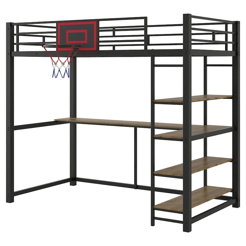 Lit mezzanine en métal pour lit simple avec étagères, bureau et panier de basket