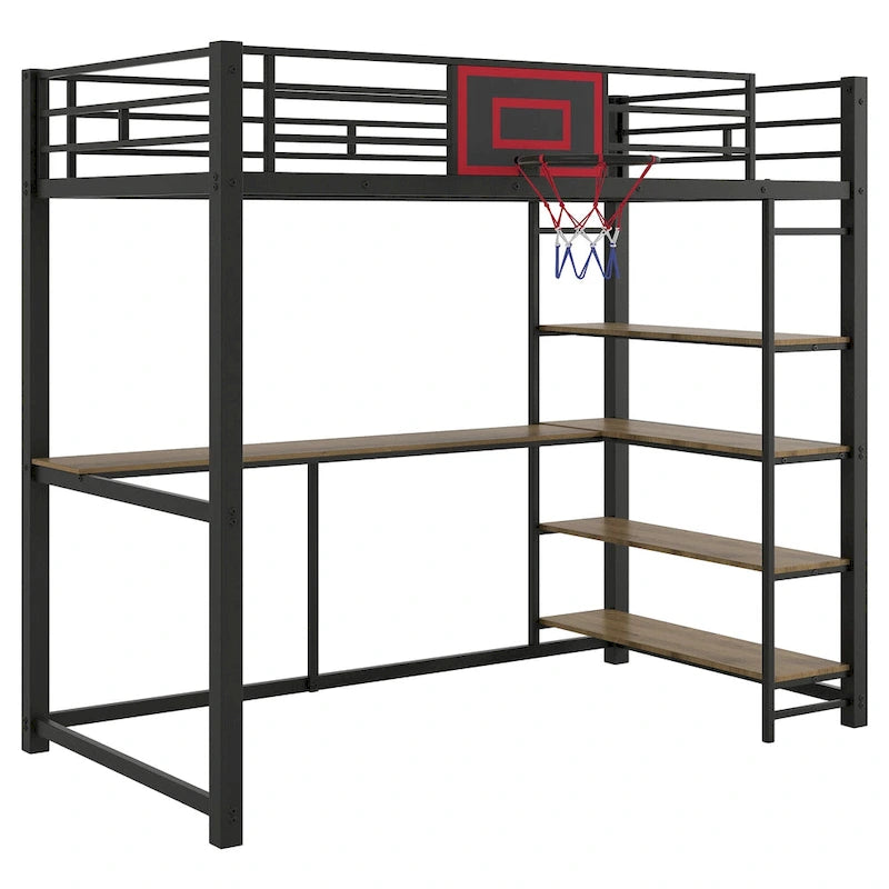 Lit mezzanine en métal pour lit simple avec étagères, bureau et panier de basket