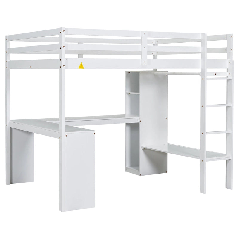 Lit mezzanine pleine grandeur avec bureau en L, armoire et étagères de rangement