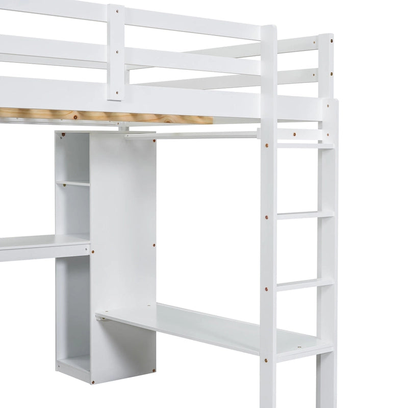 Lit mezzanine pleine grandeur avec bureau en L, armoire et étagères de rangement