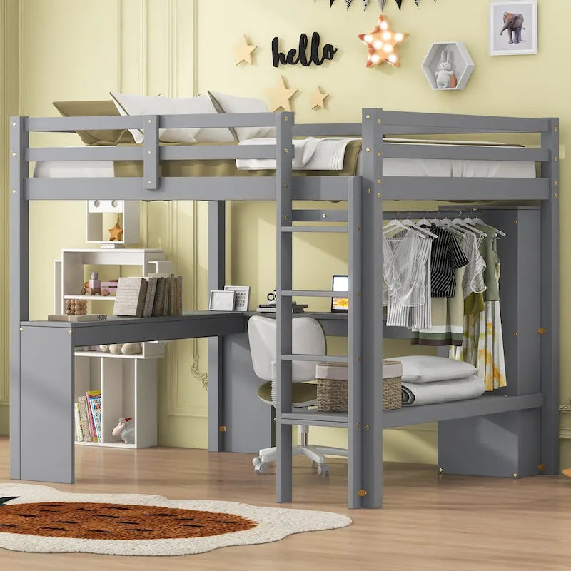 Lit mezzanine pleine grandeur avec bureau en L, armoire et étagères de rangement