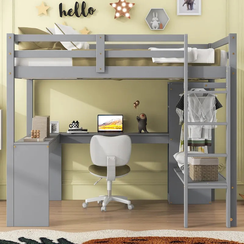 Lit mezzanine pleine grandeur avec bureau en L, armoire et étagères de rangement