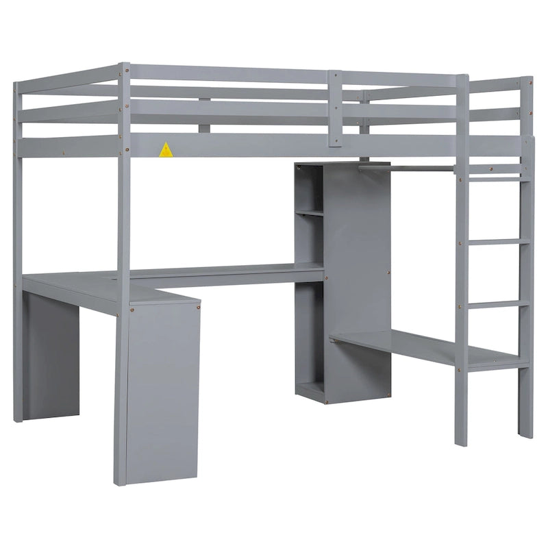 Lit mezzanine pleine grandeur avec bureau en L, armoire et étagères de rangement