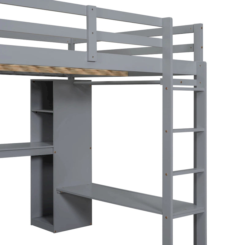 Lit mezzanine pleine grandeur avec bureau en L, armoire et étagères de rangement