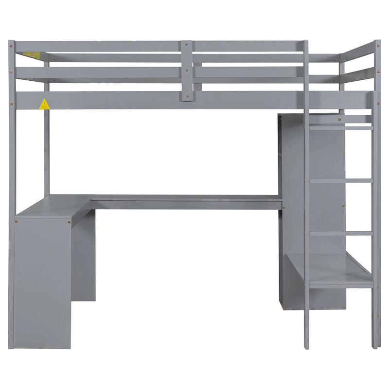 Lit mezzanine pleine grandeur avec bureau en L, armoire et étagères de rangement