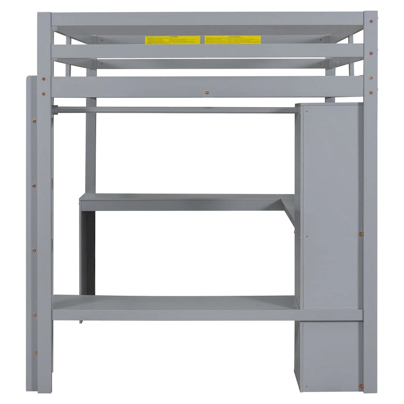Lit mezzanine pleine grandeur avec bureau en L, armoire et étagères de rangement